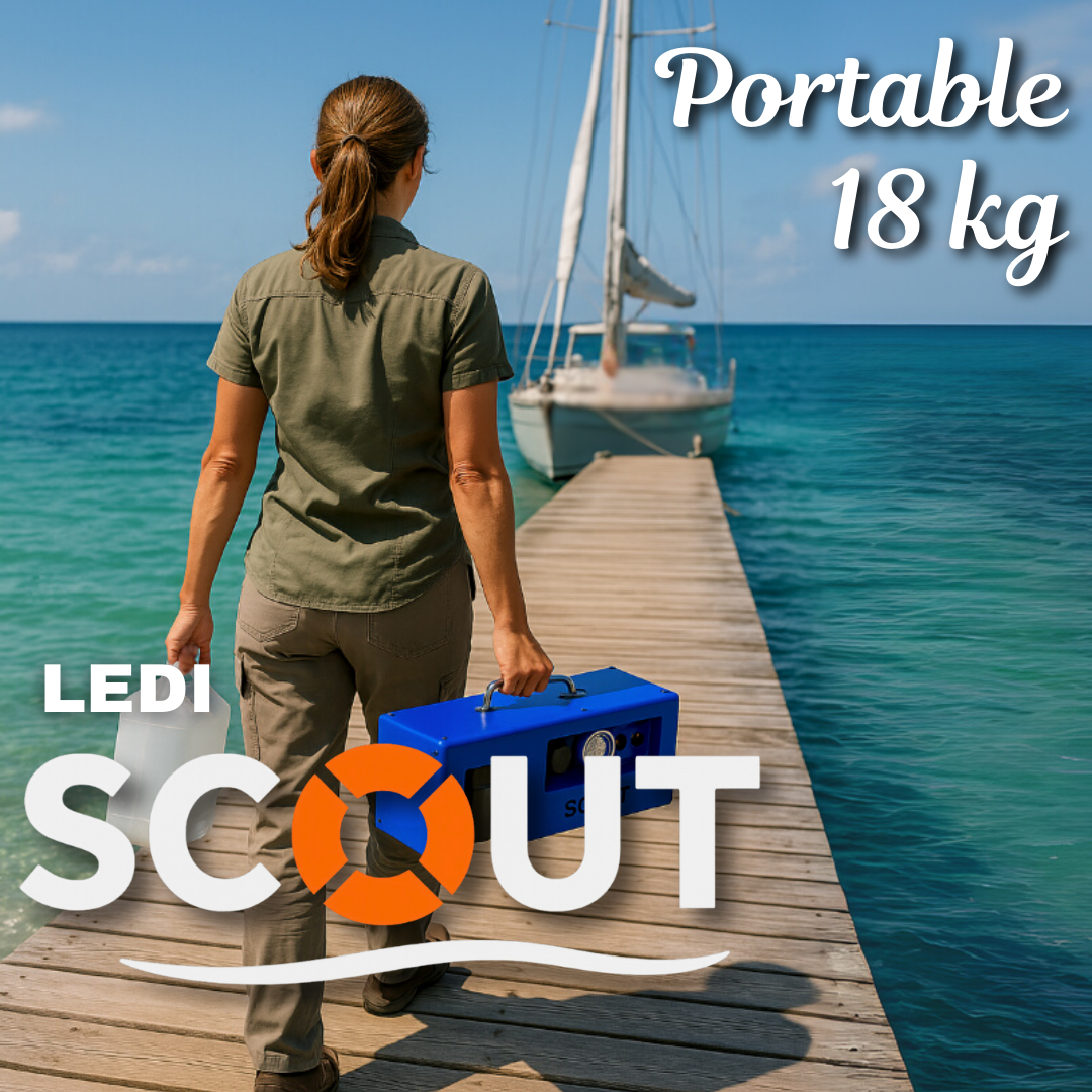 Person holding a LEDI Scout watermaker on a dock with a sailboat behind