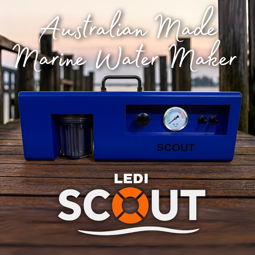 LEDI Scout watermaker on a wooden table outdoors