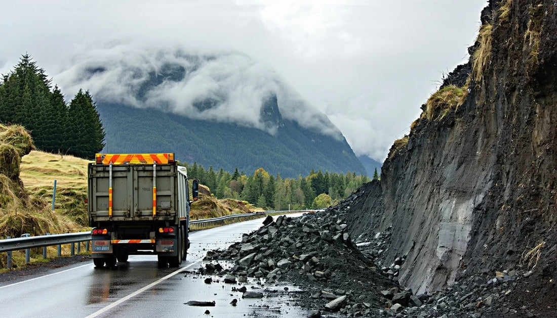 Landslip blocking a mountain road in New Zealand after heavy rain