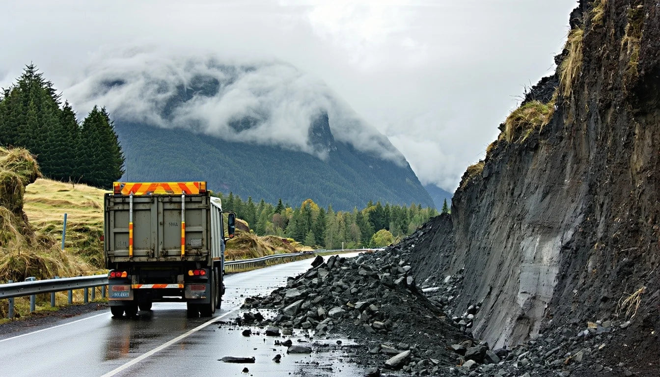 Landslip blocking a mountain road in New Zealand after heavy rain