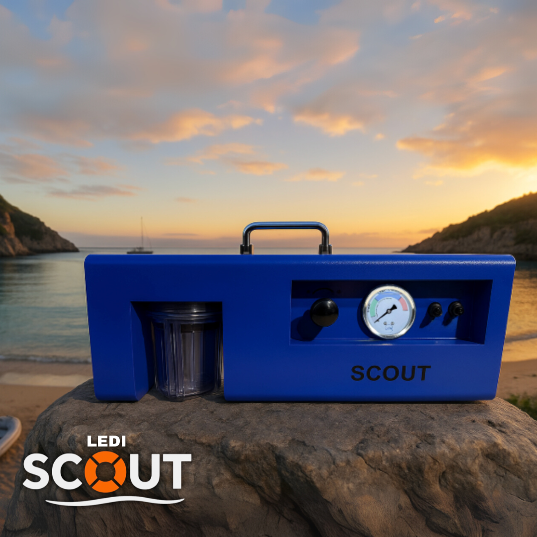 LEDI Scout 12V watermaker NZ boaters use at the beach, portable reverse osmosis system on coastal rocks