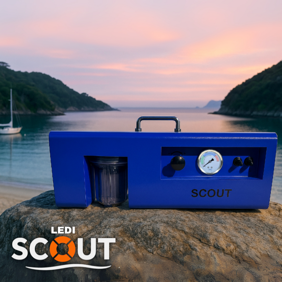 LEDI Scout watermaker on a rock in a remote coastal location