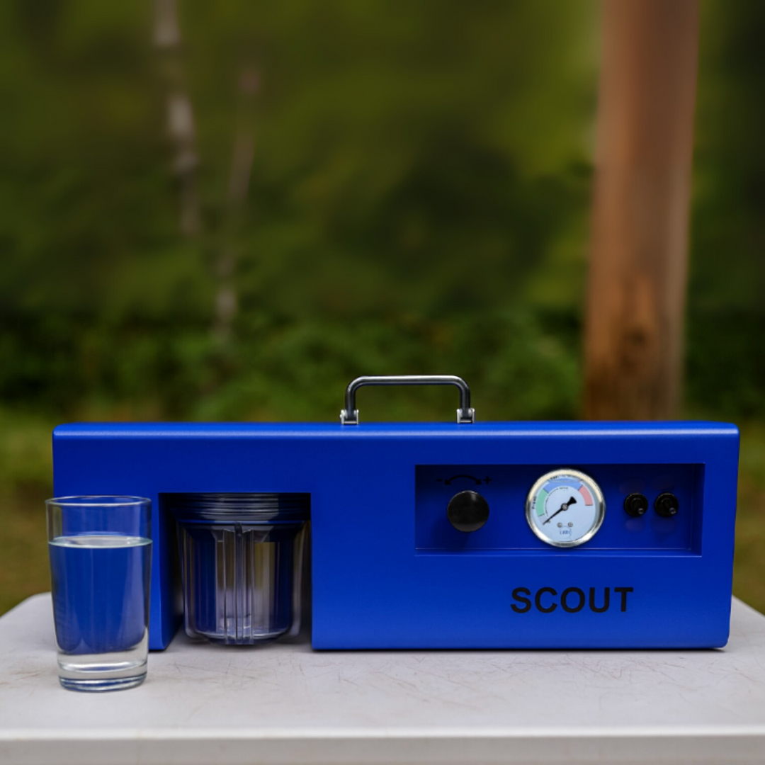 LEDI Scout watermaker with a glass of fresh drinking water