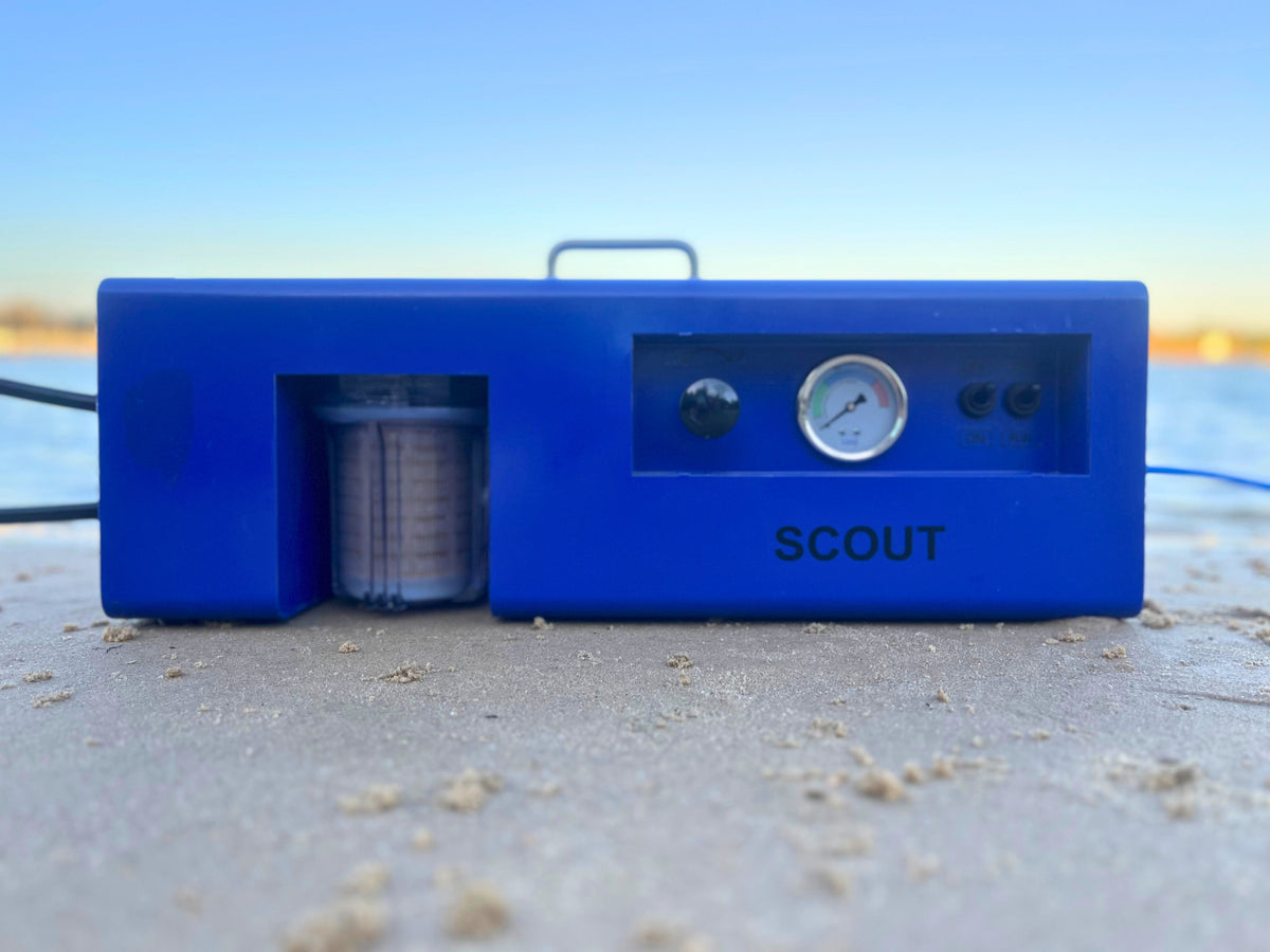 LEDI Scout watermaker on a sandy beach, ready for blue water cruising use