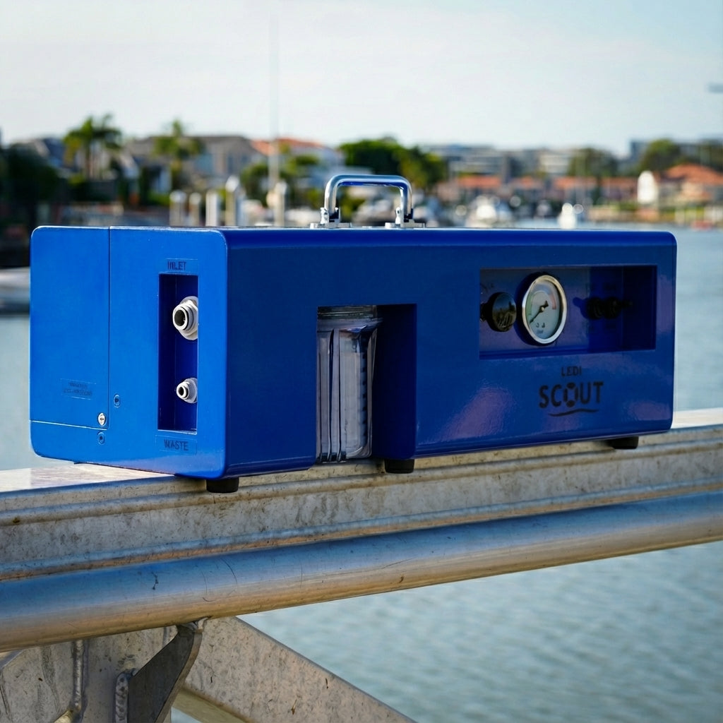 LEDI Scout portable watermaker for boat at a pier, ready to make fresh drinking water