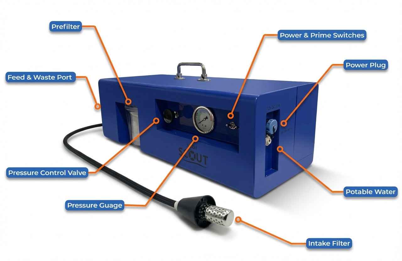 LEDI Scout 12V watermaker with labeled components