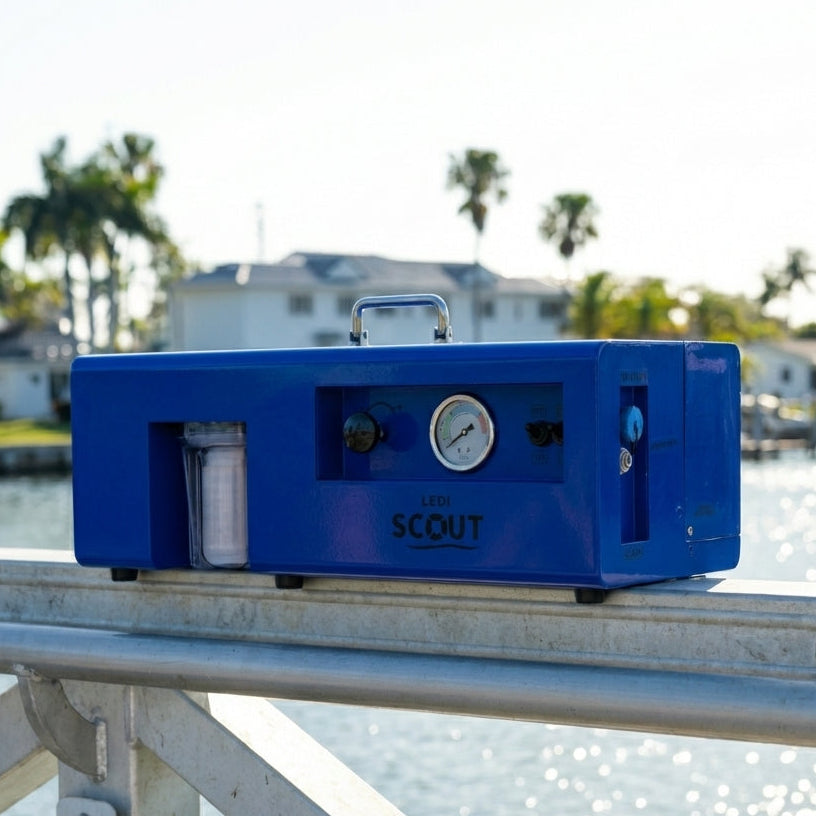 LEDI Scout 12V watermaker for boat sitting at a pier ready to make fresh water from seawater