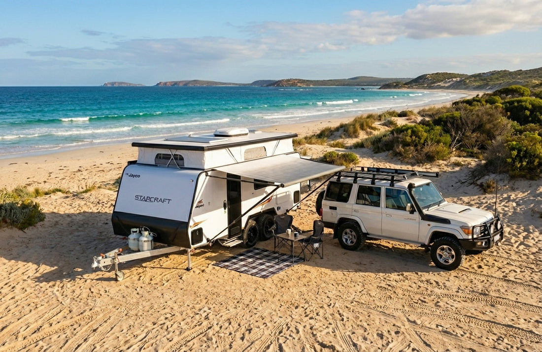 Caravan on the beach using a LEDI Scout portable watermaker desalinator