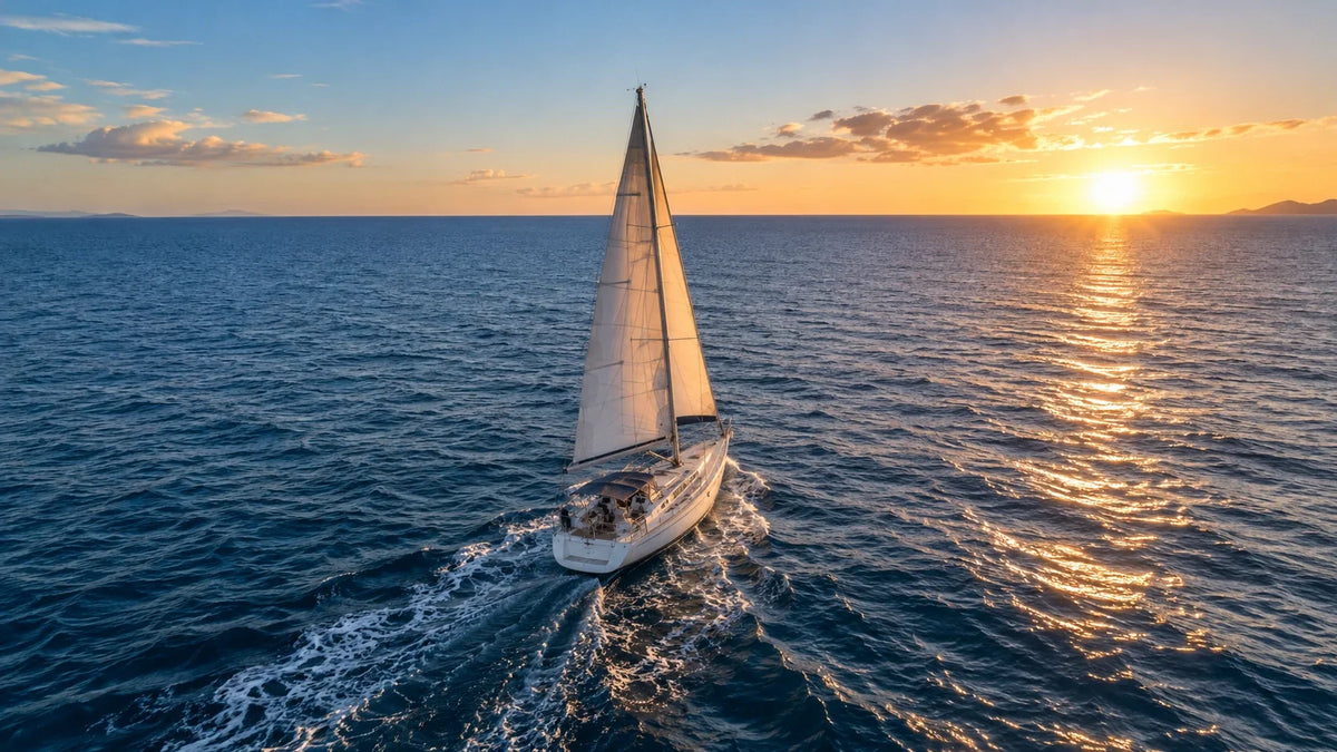 Sailing yacht underway at sunset, suited to a compact watermaker for sailboat use