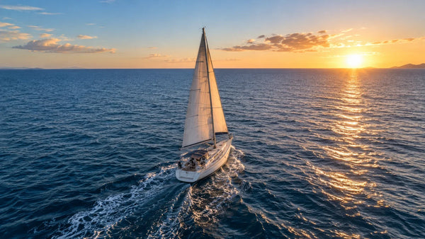 Sailing yacht underway at sunset, suited to a compact watermaker for sailboat use