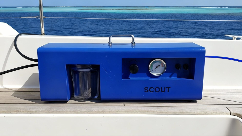 LEDI Scout watermaker for boat on deck with ocean view showing price and value for Australian sailors