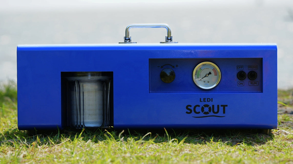 LEDI Scout portable watermaker suited for catamaran use, angled view showing compact 12V design