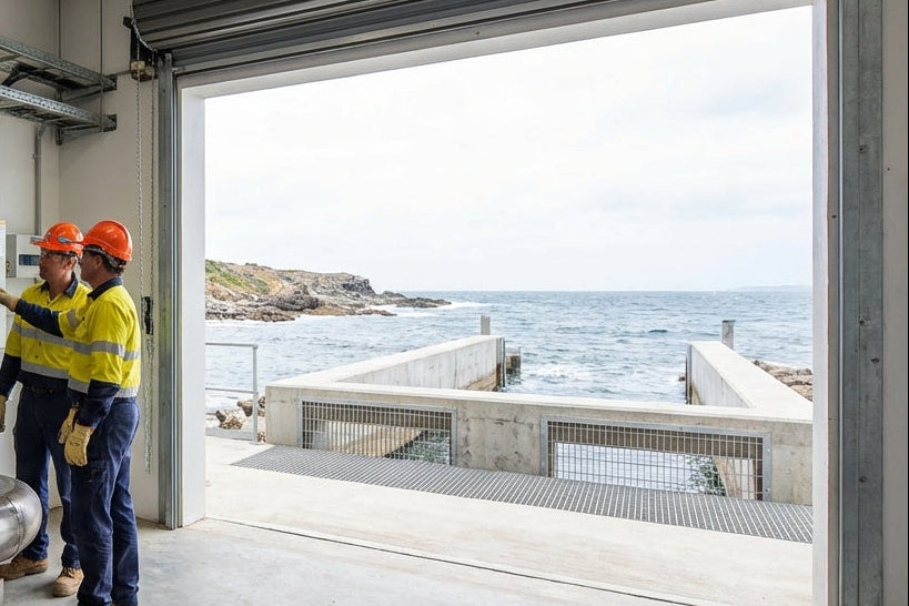 Water treatment operators in a control room overlooking the ocean