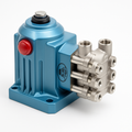 Cat Pumps 2SFSEEL triplex plunger pump with blue aluminum crankcase and stainless steel manifold