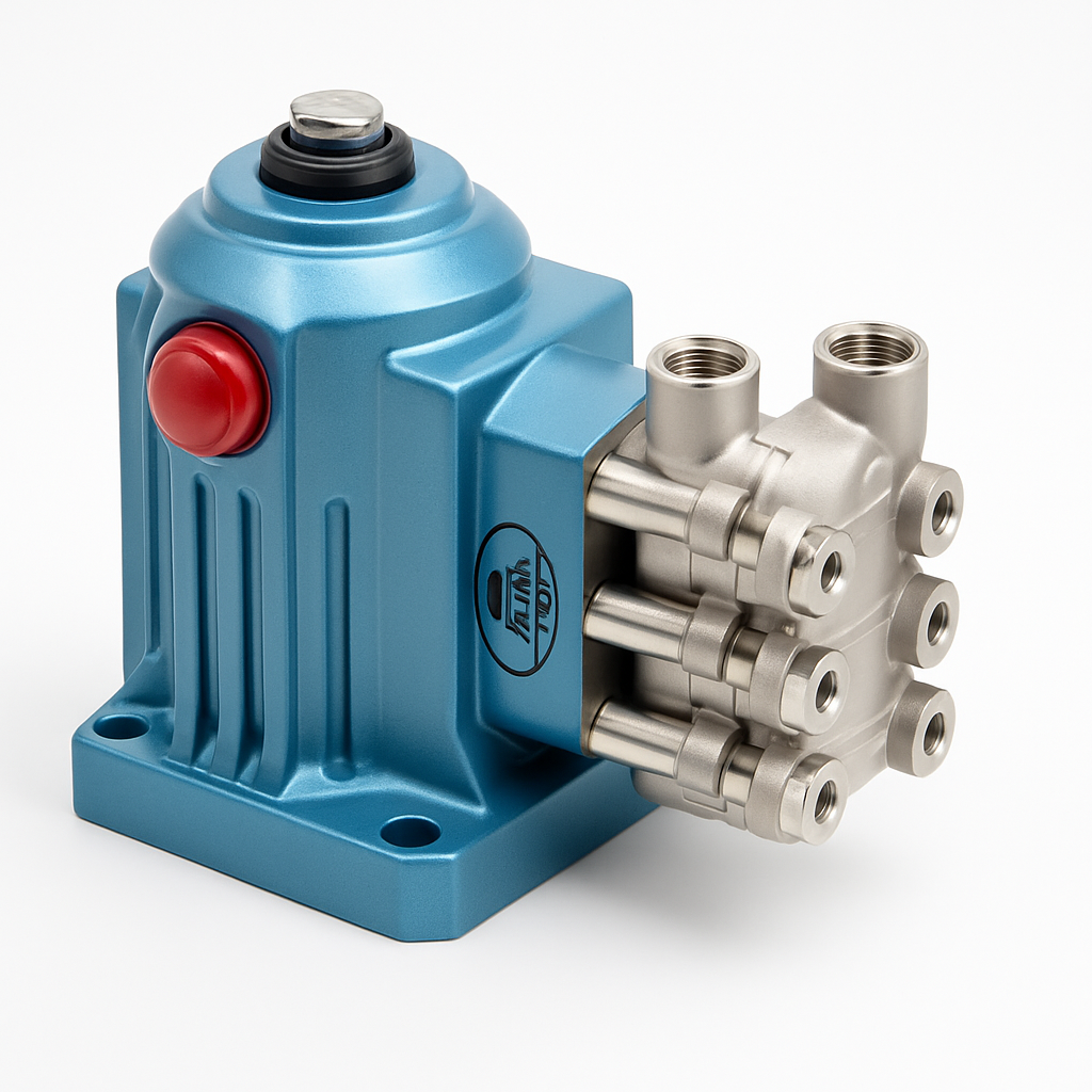 Cat Pumps 2SFSEEL triplex plunger pump with blue aluminum crankcase and stainless steel manifold