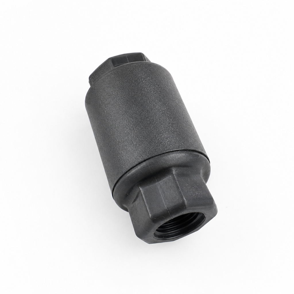 Black plastic Anka check valve with threaded female inlet for marine watermaker systems