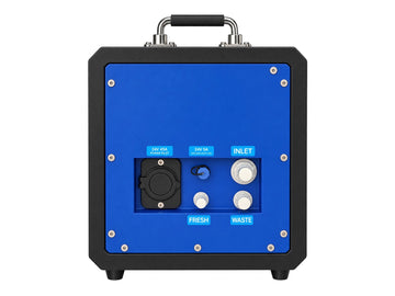 LEDI Nomad watermaker rear panel: 24V 45A power inlet, 24V feed pump power, seawater inlet, fresh water and waste outlets